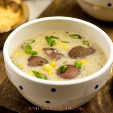 Potato and Corn Chowder is a sure way to warm up on cooler days and makes for an easy dinner recipe for the whole family. #souprecipe #chowder #dinner #myhomebasedlife | Potato Corn Chowder Recipe | Fall Soups | Comfort Food | Stews for Fall | Chowder | Soup Recipes