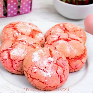 Strawberry Crinkle Cookies are so versatile for the seasons and everyone loves them! let the kids make dessert this time with this recipe. #recipe #cookies #strawberry #desserts #myhomebasedlife | Cookie Recipe | Strawberry Recipe | Easter Cookies | Valentine's Day Cookies