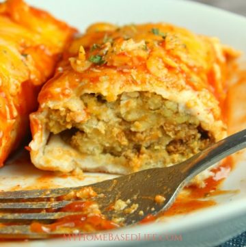 These Leftover Turkey Enchiladas as super simple to make and can be on the table in under 30 minutes which makes a great recipe for busy weeknights. #leftoverturkey #turkeyrecipes #enchiladas #myhomebasedlife | Thanksgiving Leftovers Recipes | Turkey Recipes | Enchiladas Recipes | Easy Weeknight Dinners